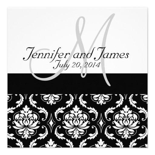 Black Damask Monogram Names Wedding Invitations