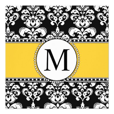 Black Damask Monogram Wedding Invitations Yellow