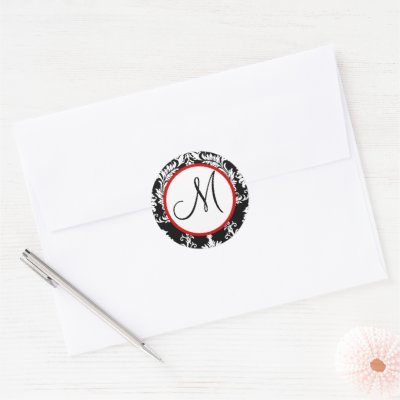 Black Damask Monogram Wedding Seal Round Stickers