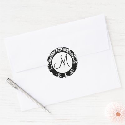 Black Damask Monogram Wedding Seal Round Stickers