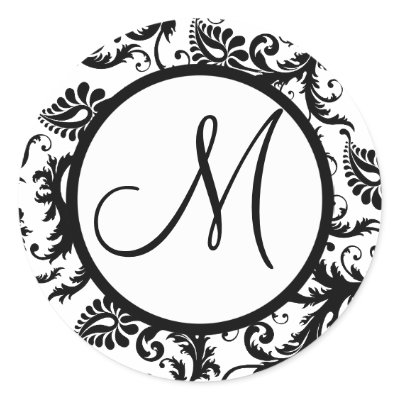 Black Damask Monogram Wedding Seal Round Stickers