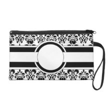 Black damask & monogram wristlet clutch