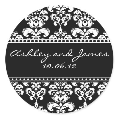 Black Damask Names and Date Wedding Stickers