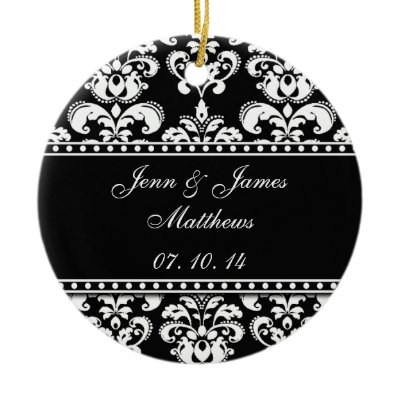 Black Damask Names Date Wedding Ornaments