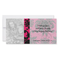 black damask on raspberry bold personalized photo card