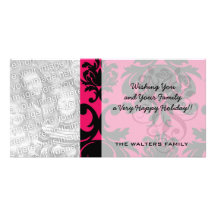 black damask on raspberry bold personalized photo card