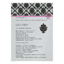 Black Damask On White  Pink Trim Wedding Program Personalized Invites