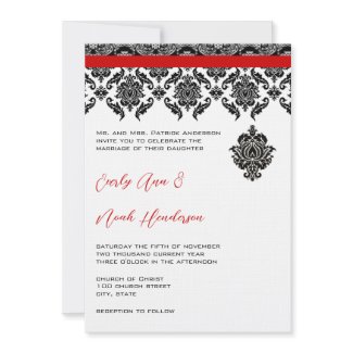 Black Damask On White Red Trim Wedding Invitation invitation