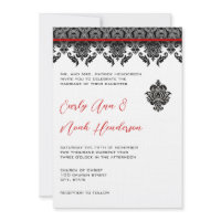Black Damask On White Red Trim Wedding Invitation invitation