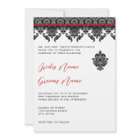 Black Damask On White Red Trim Wedding Invitation invitation