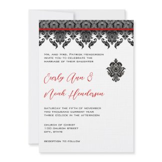 Black Damask On White Red Trim Wedding Invitation invitation