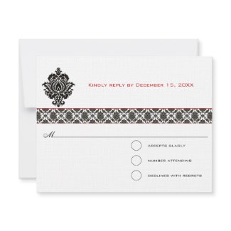 Black Damask On White Red Trim Wedding Response invitation