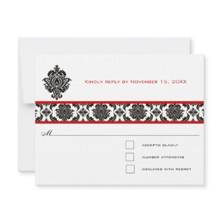 Black Damask On White Red Trim Wedding Response invitation