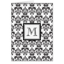 Black Damask Pattern 2 with Your Monogram Greeting Cards