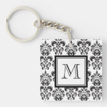 Black Damask Pattern 2 with Your Monogram Square Acrylic Keychains