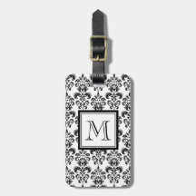 Black Damask Pattern 2 with Your Monogram Travel Bag Tags