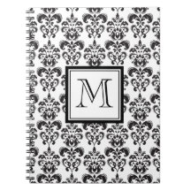 Black Damask Pattern 2 with Your Monogram Spiral Note Book