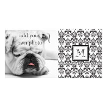 Black Damask Pattern 2 with Your Monogram Custom Photo Card