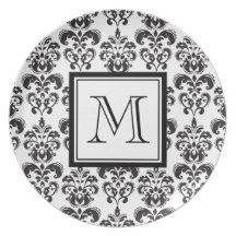 Black Damask Pattern 2 with Your Monogram Party Plate