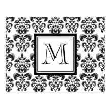 Black Damask Pattern 2 with Your Monogram Postcards