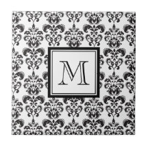 Black Damask Pattern 2 with Your Monogram Ceramic Tile