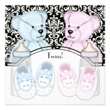Black Damask Pink Blue Teddy Bear Twin Baby Shower Invitations