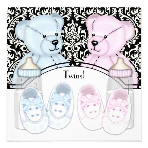 Black Damask Pink Blue Teddy Bear Twin Baby Shower Invitations