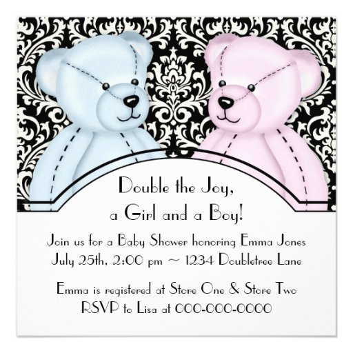 Black Damask Pink Blue Teddy Bear Twin Baby Shower Invitations