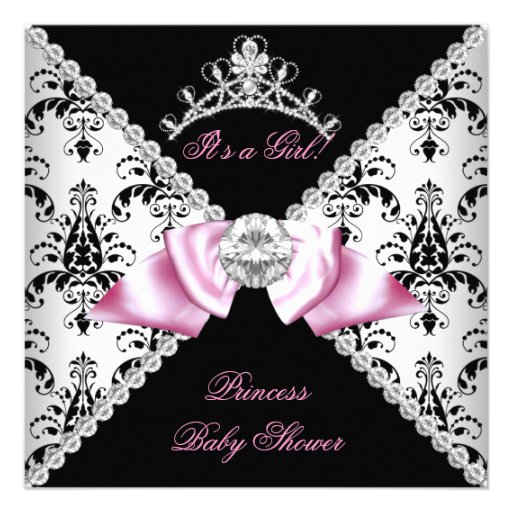 Black Damask Pink Bow Princess Baby Shower Diamond Invites