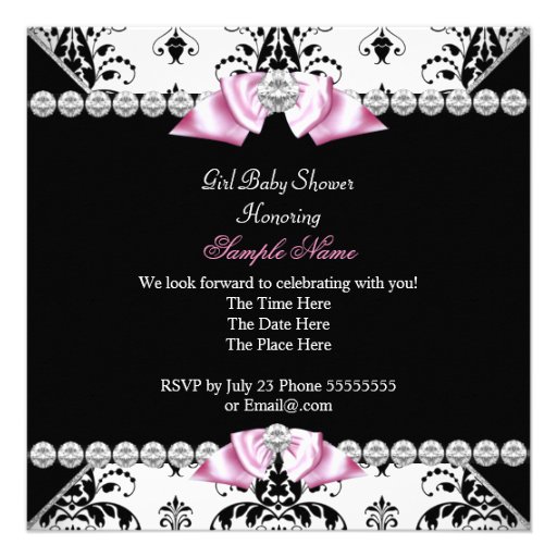 Black Damask Pink Bow Princess Baby Shower Diamond Invites