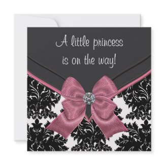 Black Damask Pink Bow Princess Baby Shower Invitations