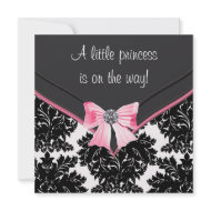 Black Damask Pink Bow Princess Baby Shower invitation