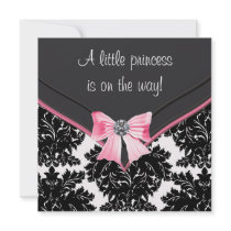 Black Damask Pink Bow Princess Baby Shower Personalized Invitations