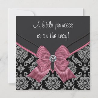 Black Damask Pink Bow Princess Baby Shower Custom Announcements
