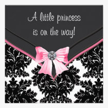 Black Damask Pink Bow Princess Baby Shower invitations