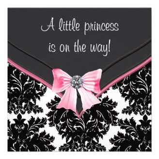 Black Damask Pink Bow Princess Baby Shower Personalized Invitations