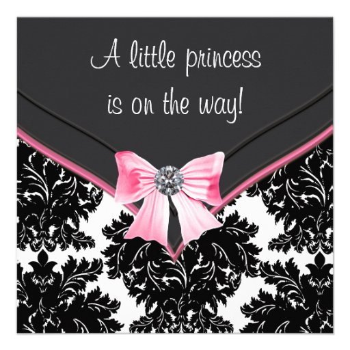 Black Damask Pink Bow Princess Baby Shower Personalized Invitations