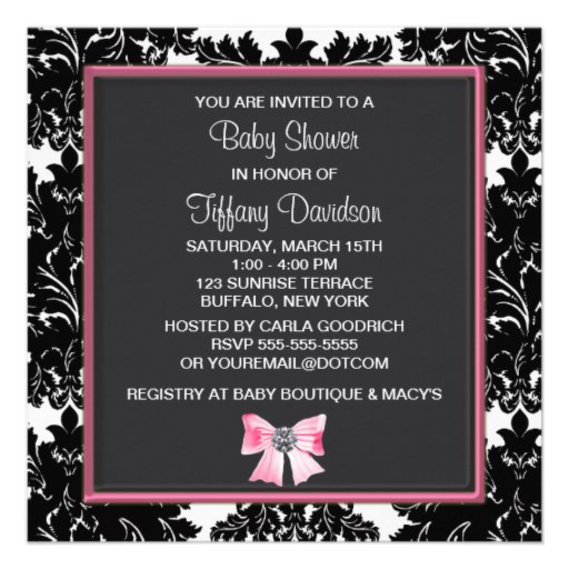 Black Damask Pink Bow Princess Baby Shower Personalized Invitations