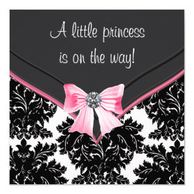 Black Damask Pink Bow Princess Baby Shower 5.25x5.25 Square Paper Invitation Card