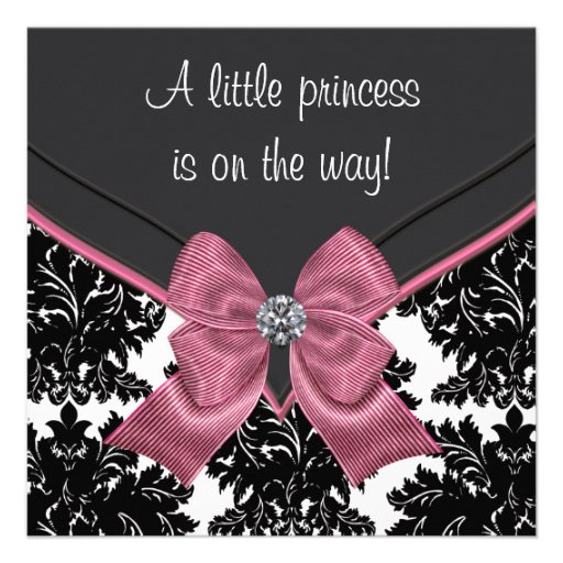 Black Damask Pink Bow Princess Baby Shower Invitations