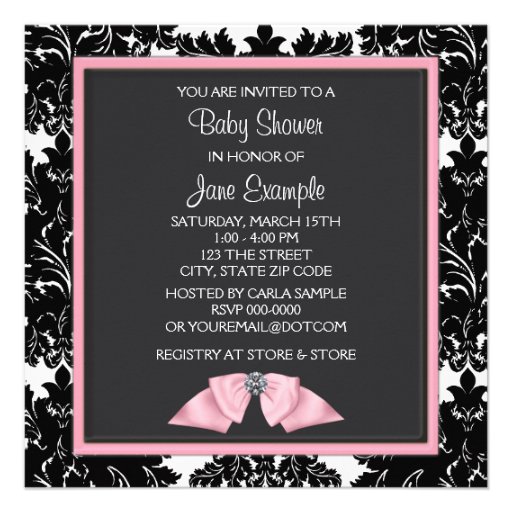 Black Damask Pink Bow Princess Baby Shower Personalized Invitation