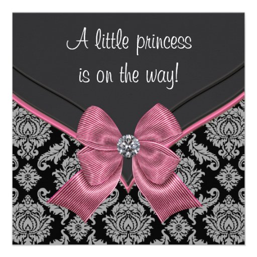 Black Damask Pink Bow Princess Baby Shower Custom Announcements