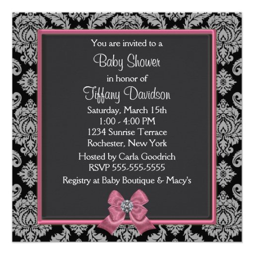 Black Damask Pink Bow Princess Baby Shower Custom Announcements