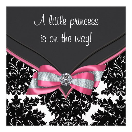 Black Damask Pink Bow Princess Baby Shower Invite