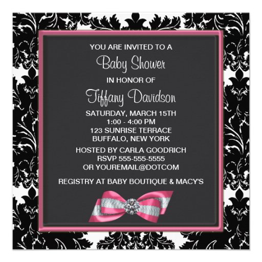 Black Damask Pink Bow Princess Baby Shower Invite