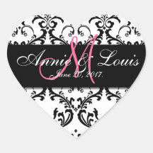Black Damask Pink Initial Wedding Favor Heart Stickers