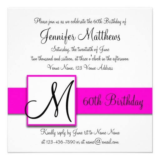 Black Damask Pink Monogram 60th Birthday Invite
