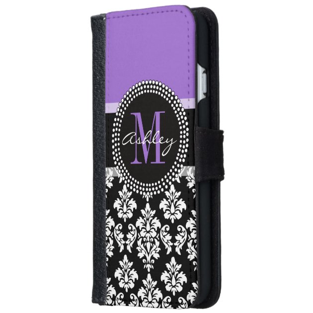 Black Damask Purple Monogram Pattern iPhone 6 Wallet Case