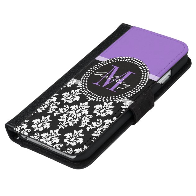 Black Damask Purple Monogram Pattern iPhone 6 Wallet Case-5