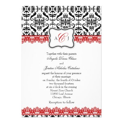 Black Damask & Red Lace Wedding Invitation